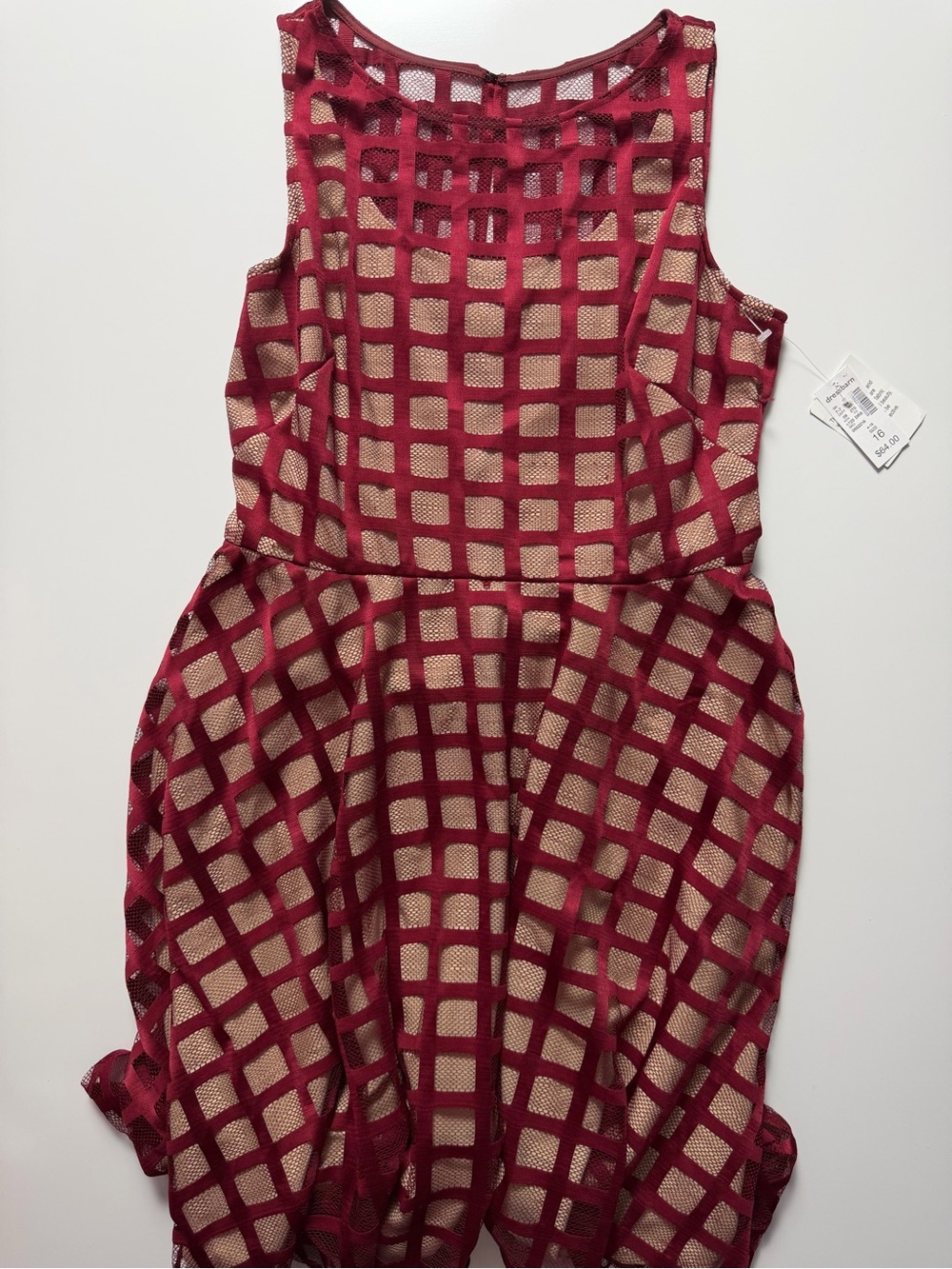 NWT Dressbarn Fit & Flare Overlay Lined Dress, Red/Beige, Size 16
